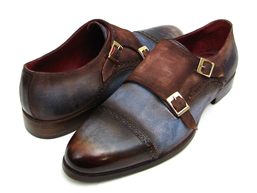 Paul Parkman Captoe Double Monkstrap Antique Blue & Brown Suede