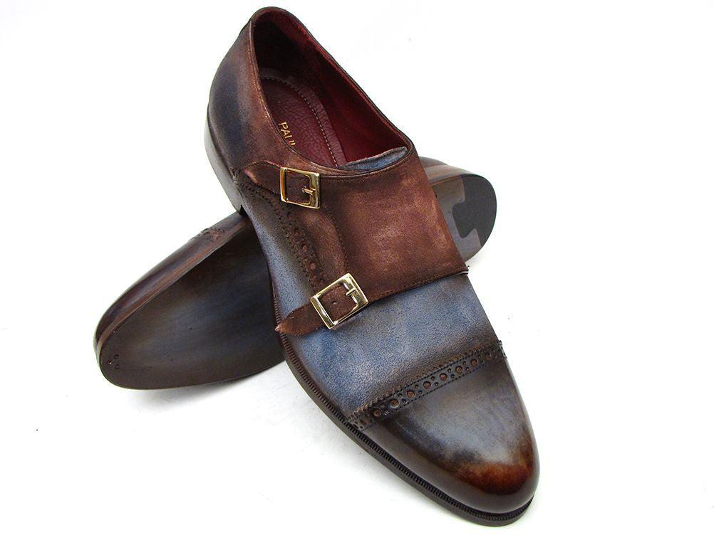 Paul Parkman Captoe Double Monkstrap Antique Blue & Brown Suede