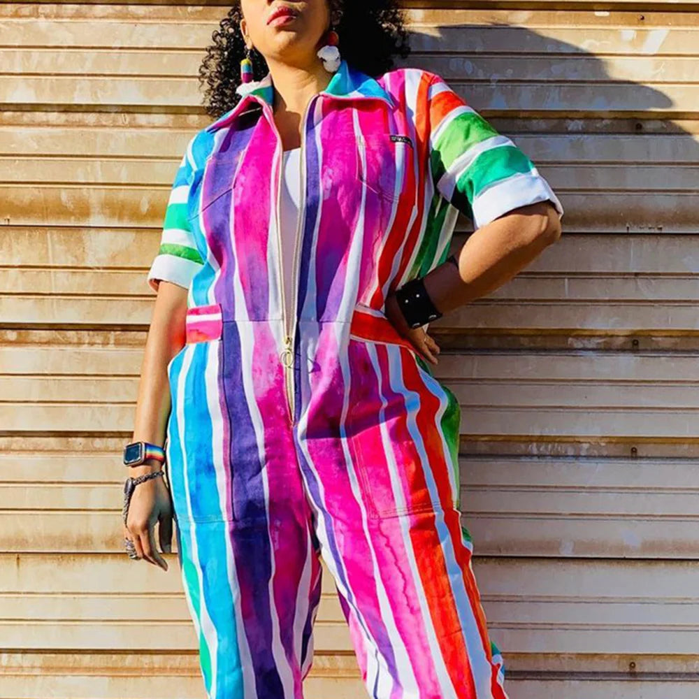 Plus-Size Multicolor Casual Rainbow Jumpsuit - Half Sleeve with Lapel Collar and Zipper Closure