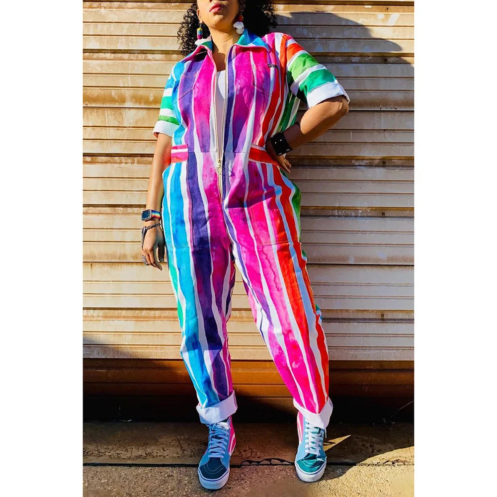 Plus-Size Multicolor Casual Rainbow Jumpsuit - Half Sleeve with Lapel Collar and Zipper Closure