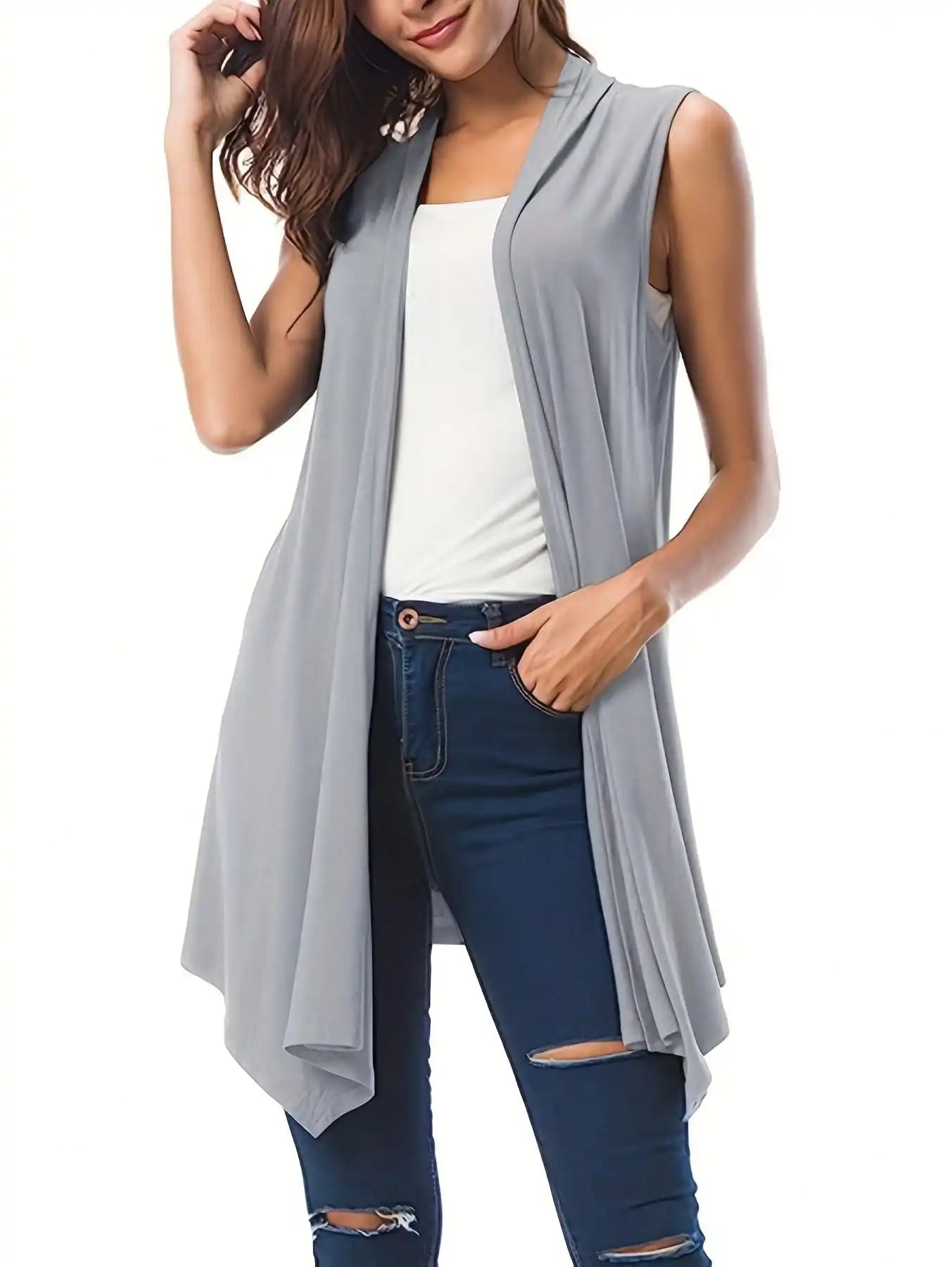 Women's Plus-Size Sleeveless Cardigan - Asymmetrical Hem, Solid Color, 1XL-5XL