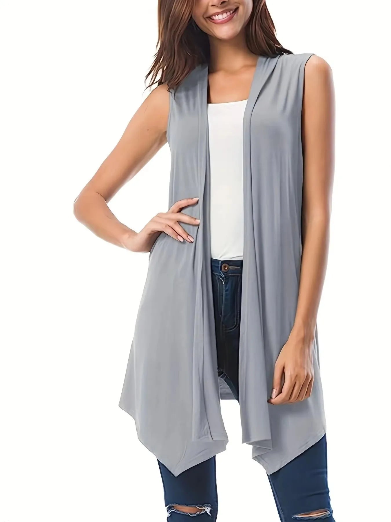 Women's Plus-Size Sleeveless Cardigan - Asymmetrical Hem, Solid Color, 1XL-5XL