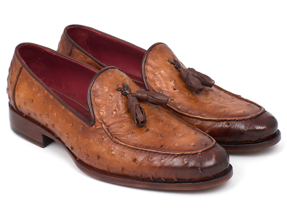 Paul Parkman Camel Brown Genuine Ostrich Tassel Loafers (ID#OST834CML)