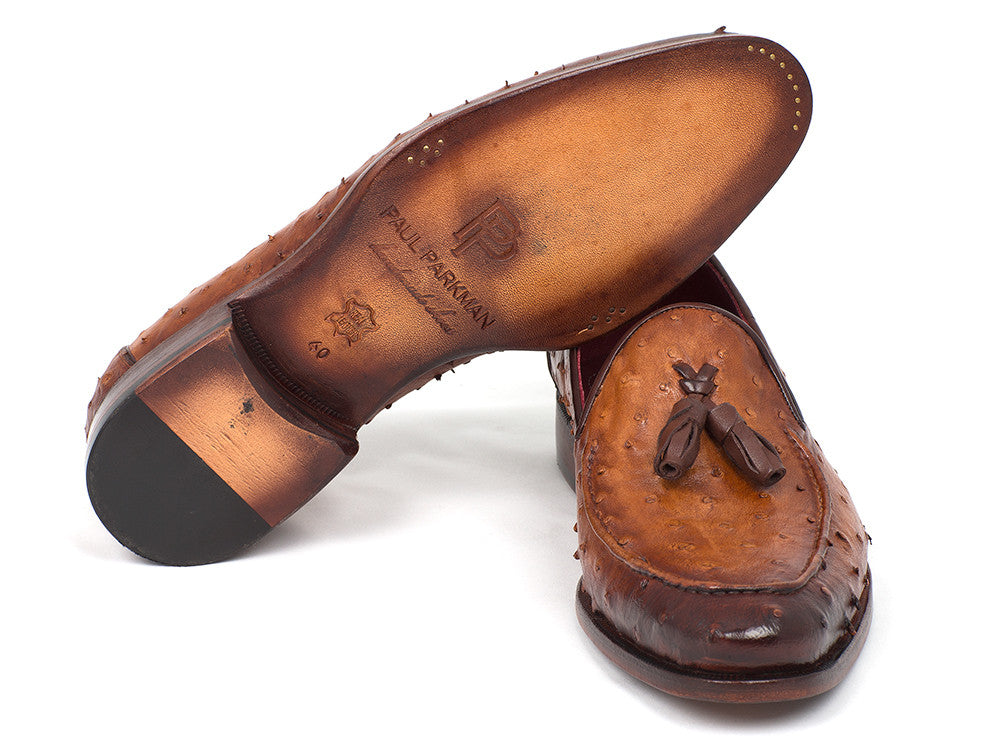 Paul Parkman Camel Brown Genuine Ostrich Tassel Loafers (ID#OST834CML)