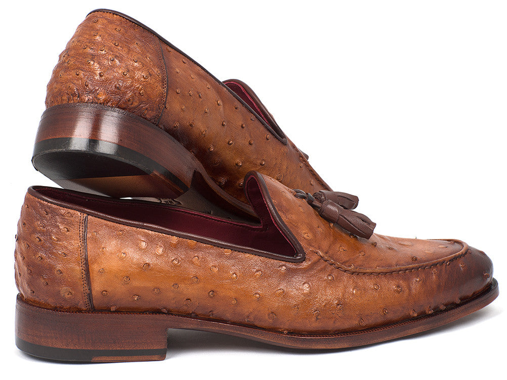 Paul Parkman Camel Brown Genuine Ostrich Tassel Loafers (ID#OST834CML)