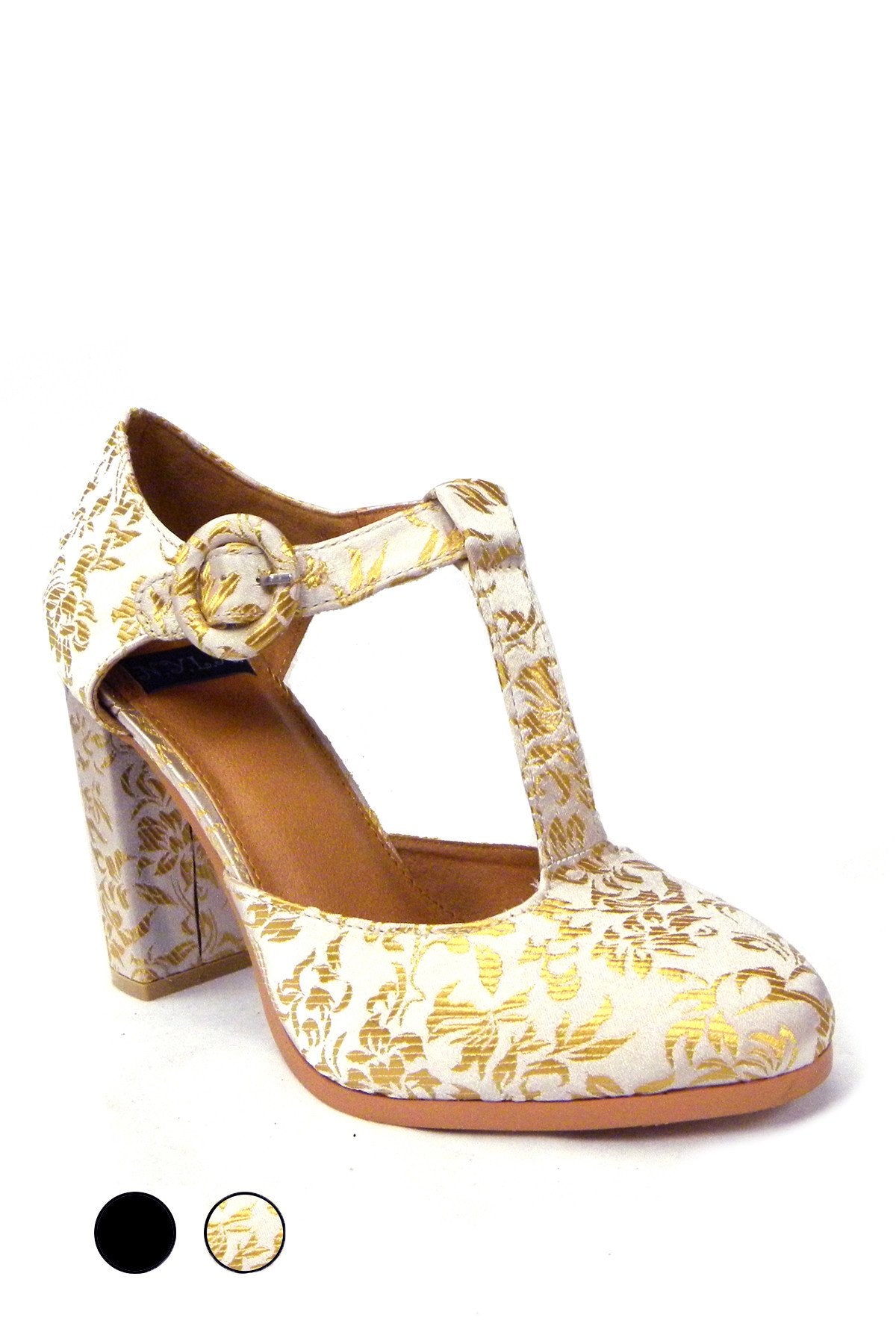 Elegant Vegan Leather Gold Brocade Heels - OLYSING