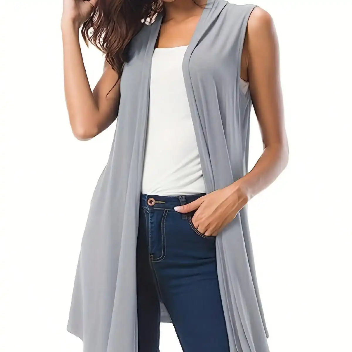 Women's Plus-Size Sleeveless Cardigan - Asymmetrical Hem, Solid Color, 1XL-5XL