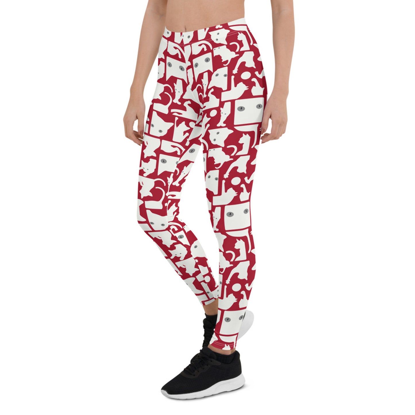 Womens White Cat Silhouette on Red Leggings