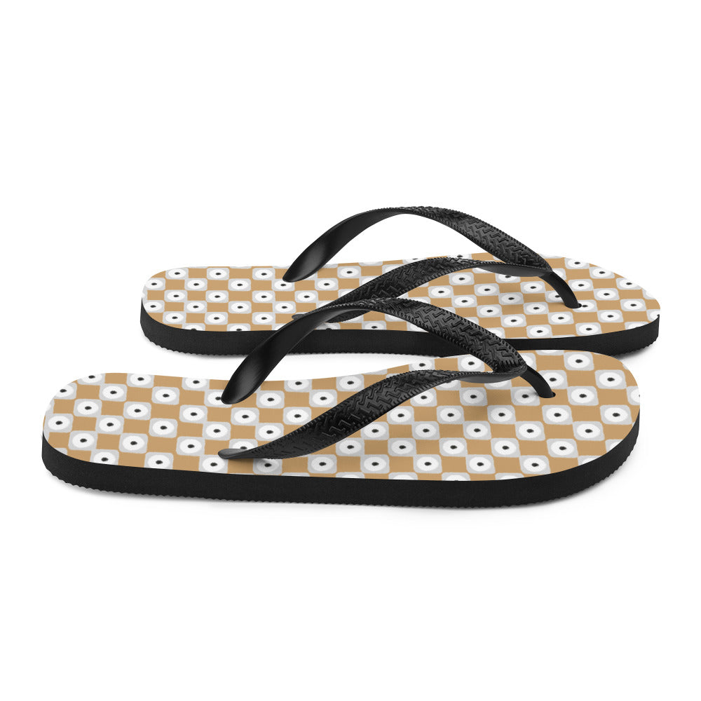 Beige and White Chequered Design. Flip-Flops